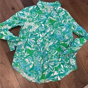 Lilly Pulitzer Linen Green and Blue Floral  Button up Blouse